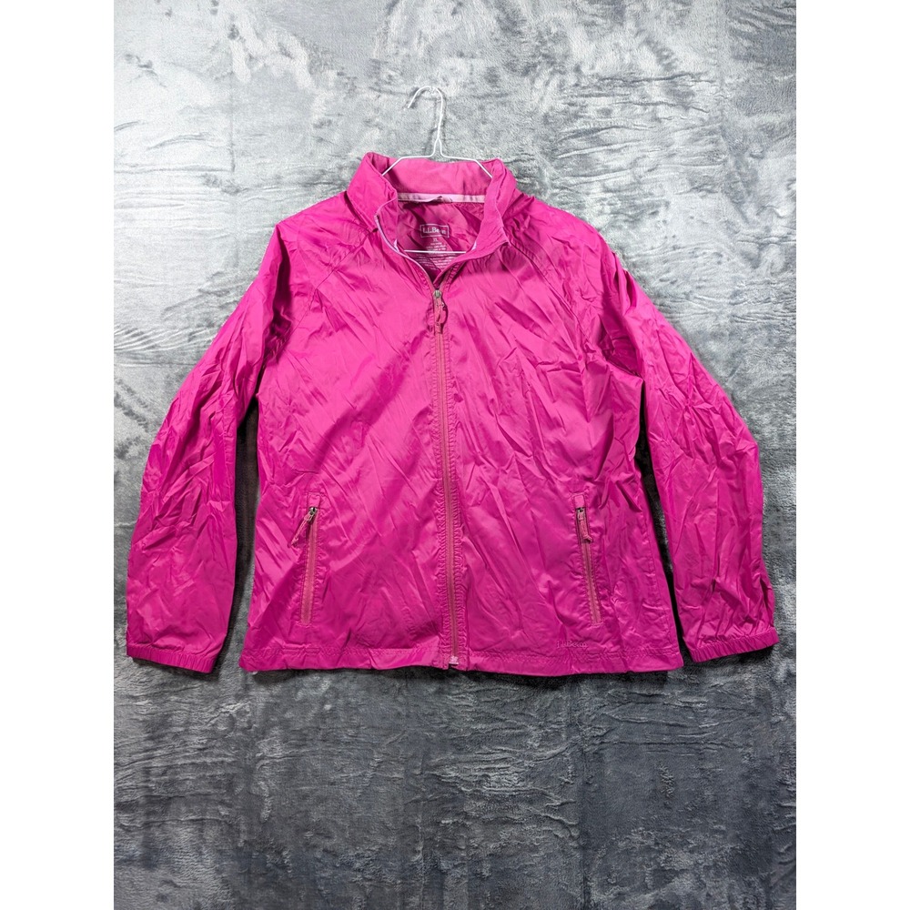 LL Bean Womens Windbreaker Jacket XL Pink Full Zip Hooded Ripstop